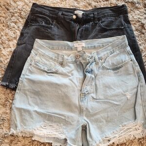 Denim Distressed Shorts - Light Blue and Black